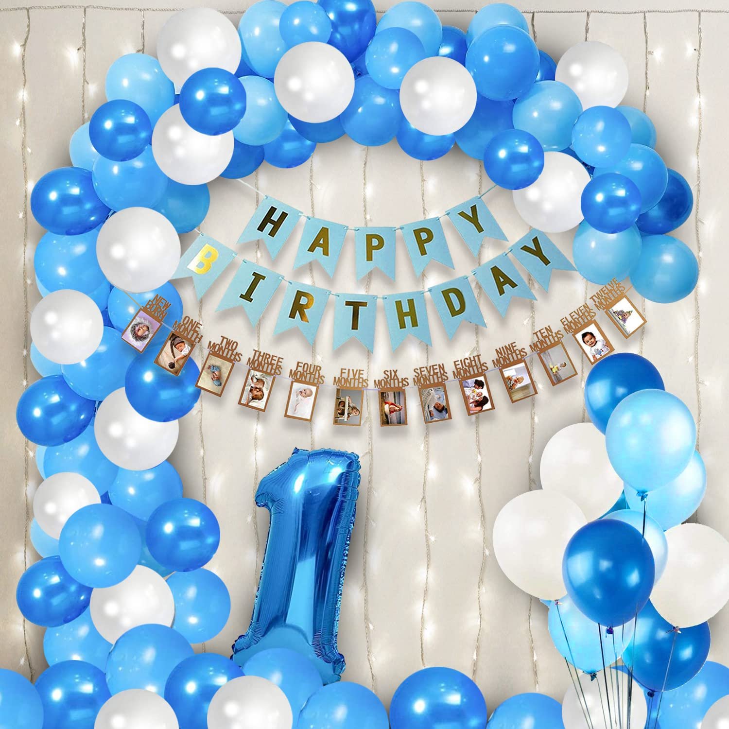 1st Birthday Decoration Items Combo- Set of 56 Pcs | 12 Months Photo Banner(cardstock) for Birthday | Blue Birthday Decoration with Led Light | Balloons for Decoration