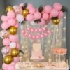 Pink Theme Birthday Decoration Items Kit for girls includes Pink, White and Metallic Gold Balloons with White Net Curtain, Fairy LED Light and Fake Palm Leaves- 71 Items
