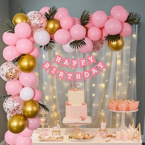 Pink Theme Birthday Decoration Items Kit for girls includes Pink, White and Metallic Gold Balloons with White Net Curtain, Fairy LED Light and Fake Palm Leaves- 71 Items