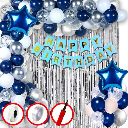 Blue Birthday Decoration Items-Huge Combo Of 61 Pcs Birthday Decoration Items For Boys|Metallic Confetti Balloons For Birthday Decorations|Birthday Decorations For Husband, Men