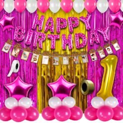 Girls First Birthday Decorations Items Combo 63Pcs for Baby Girl 1st Bday Decor/Photo Booth Backdrop Decoration materials/1st Birth Day Party Décor/Stylish Latest Pink White Birthday Set