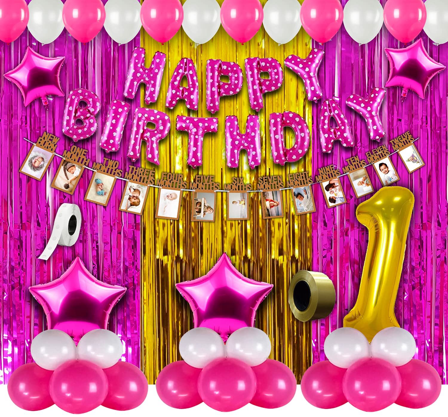 Girls First Birthday Decorations Items Combo 63Pcs for Baby Girl 1st Bday Decor/Photo Booth Backdrop Decoration materials/1st Birth Day Party Décor/Stylish Latest Pink White Birthday Set