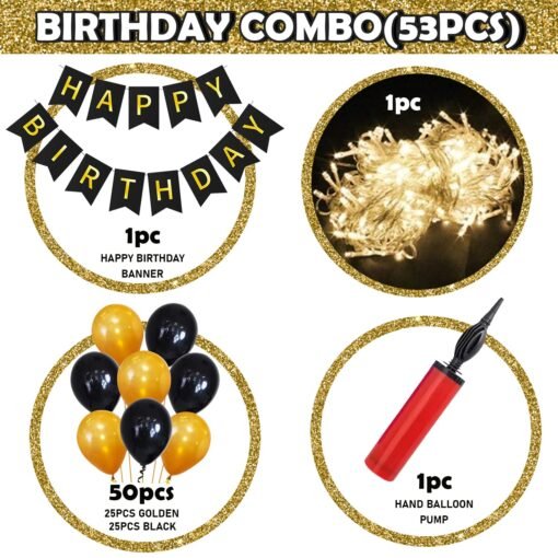 Happy Birthday Banner Decoration Kit - 53Pcs Decoration Set with Fairy Light & Pump for Boys Husband Balloons Decorations Items Combo with Metallic Balloons and LED String Light - Image 2