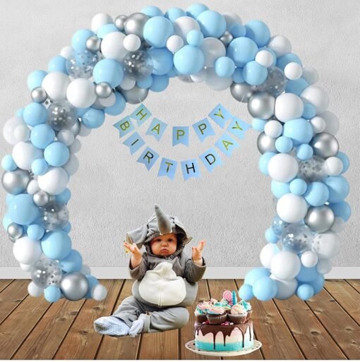 Birthday Decoration Items - 110 Pcs Birthday Decoration Kit - Happy Birthday Banner, Silver Confetti Balloons, Blue Pastel Balloons, Metallic Balloons, Arch Strip, Glue Dot Strip, Balloons Pump - Image 4