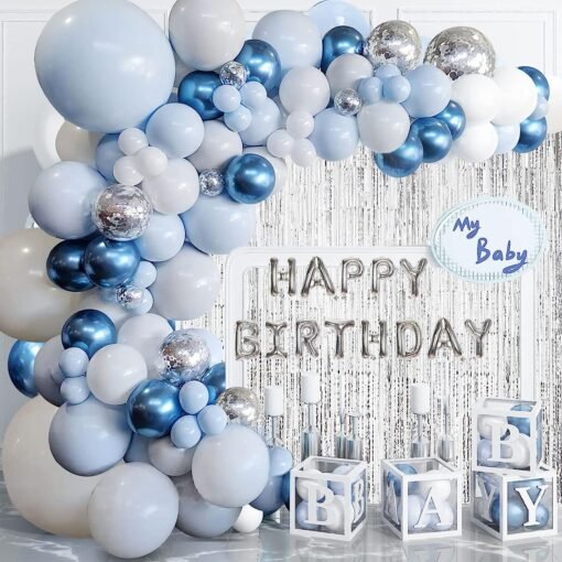 78PCS Blue Balloon Garland Arch Kit, Party Curtain Balloon Arch, Blue White And Silver Confetti Latex Balloons For Birthday Baby Party Wedding Party Background Decorations