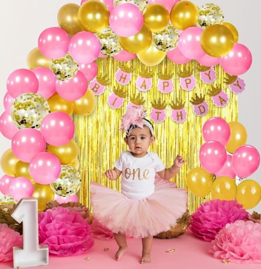 Pink Happy Birthday Decoration Kit for Girls 46pcs Combo Set Banner Golden Foil Curtain Balloon Metallic Confetti Girls Birthday Decoration Items / Kids Birthday Decoration Items - Image 5