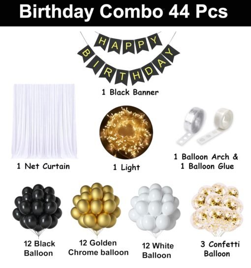 Black Golden and White with White Net Curtain and Light for Birthday Decoration Combo Kit for kids, Boys and Girls, Adult || Birthday Decorations Items ( Pack of 44 ) - Image 2
