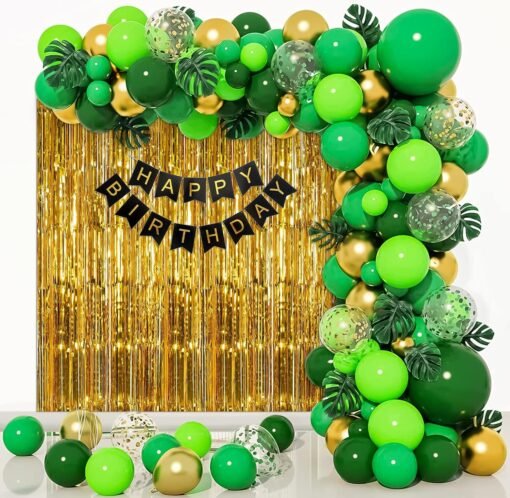 Jungle Theme Birthday Decoration Item for boys with Backdrop, Artificial leaves,Confetti balloons & Happy birthday party banner pack of 72 items