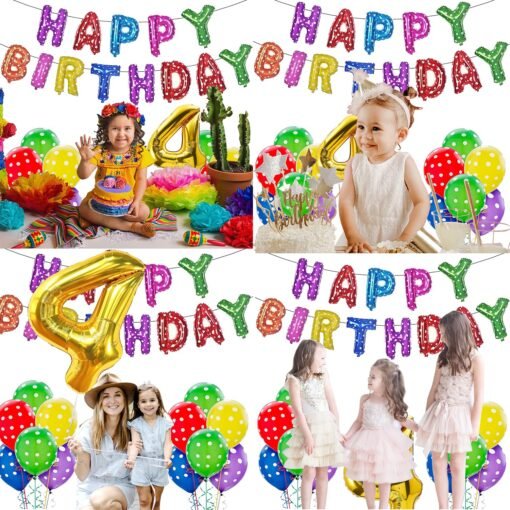 Happy Birthday Decoration Kit Combo - 23Pcs Multicolor 4th Birthday Decoration Combo For Kids With Polka Dotted Balloons, Birthday Foil Balloons, No.4 Golden Foil Balloons - Image 6