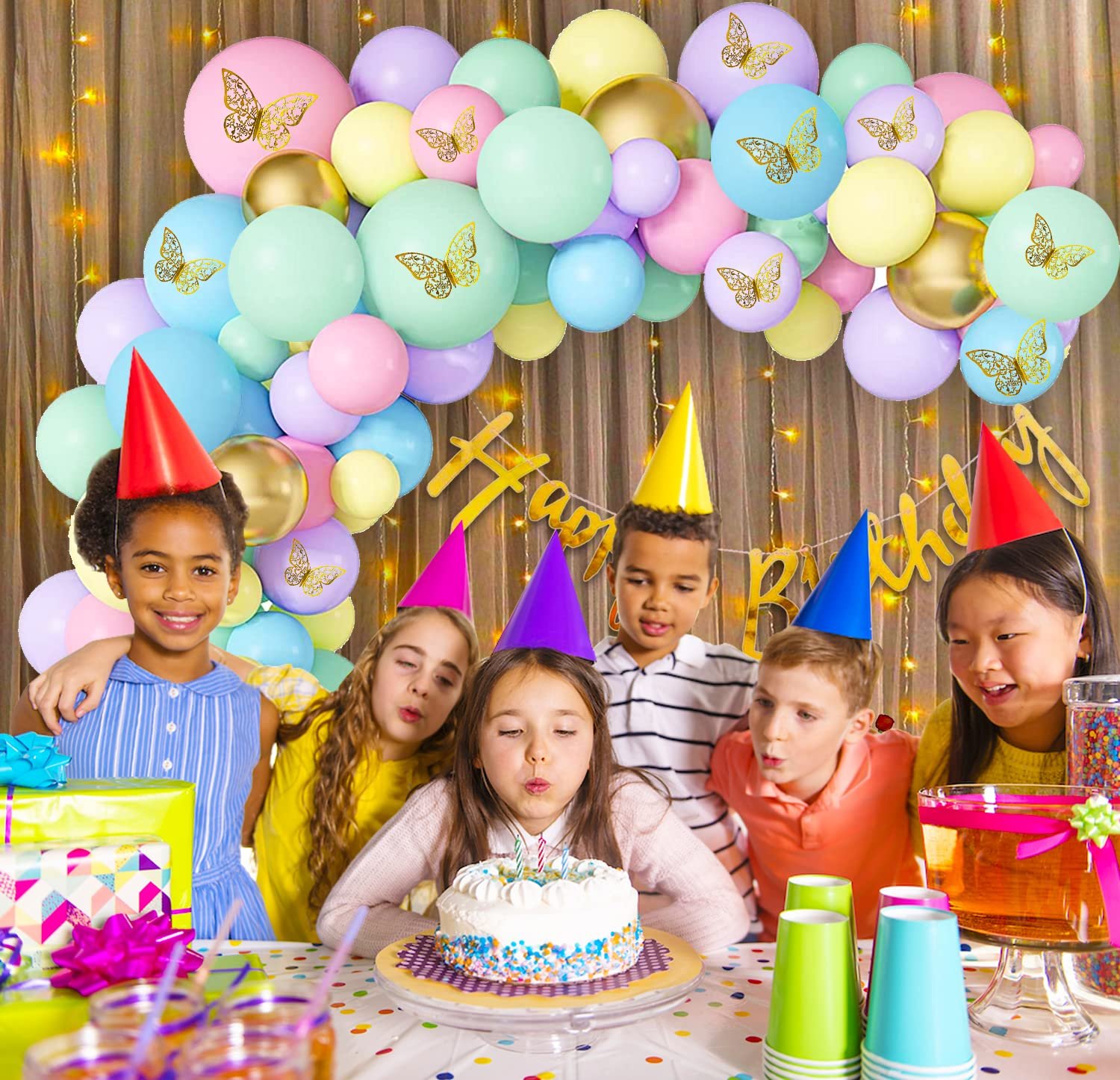 Rainbow Theme Birthday Decorations- Set of 81Pcs | Butterfly decoration items | Golden Happy Birthday Banner | Birthday Decoration for Girls | Butterfly Theme Birthday Decoration Items - Image 7