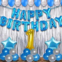 Birthday Decoration kit for 1st Birthday Boys-56Pcs with Foil Curtain / Bday Supplies Items with Blue HBD foil Balloon, Number Foil Baloons/1st Birth Day Props for Kids/Newborn Gifts Set