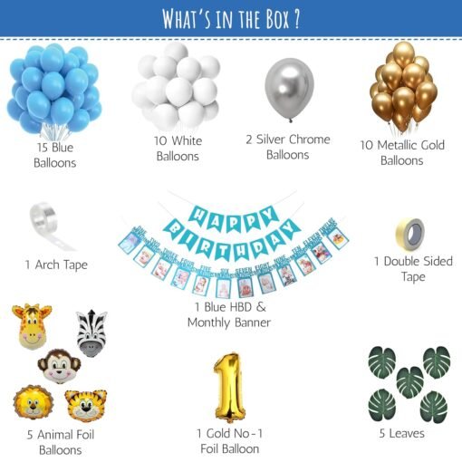 Jungle theme birthday decorations item kit DIY Combo set with Monthly Banner, animal foil balloons, palm leaves and Blue and White Balloons- 52 Pcs - Image 2