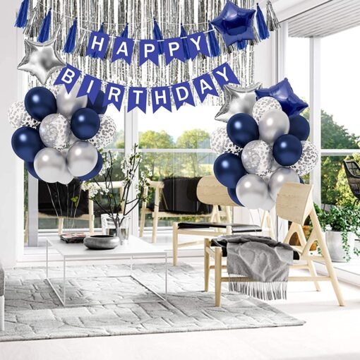 Blue Birthday Decorations, Birthday Supplies, Birthday Banner, Blue White Silver Confetti Latex Balloons with 2 Foil Fringe Curtains, Birthday Decorations for Men Women Boys Girls - Image 4