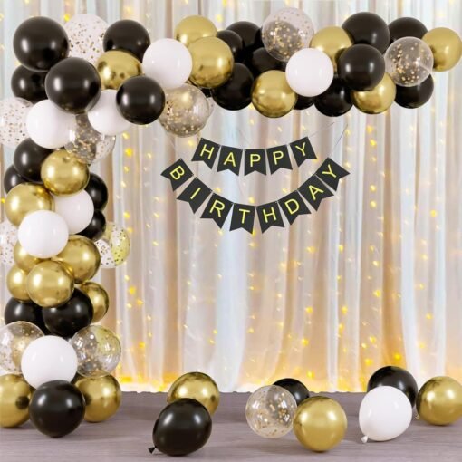 Black Golden and White with White Net Curtain and Light for Birthday Decoration Combo Kit for kids, Boys and Girls, Adult || Birthday Decorations Items ( Pack of 44 )