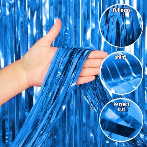 Set of 60 Pcs - 15 Blue 15 Silver & 15 Black Metallic Balloons, Blue Happy Birthday Banner, 2 Blue Curtains Theme Backdrop - Image 4