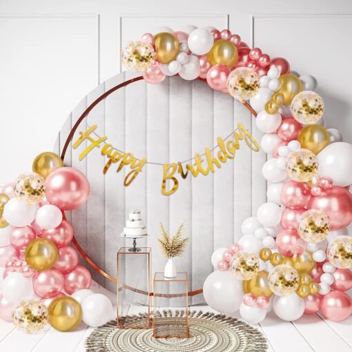 Rose Gold Birthday Decoration Items Combo Set For Girls Kids Wife - Happy Birthday Banner, Metallic Balloons, Glue Dot,Arch Strip, For Birthday Decorations Celebrations - 47Pcs