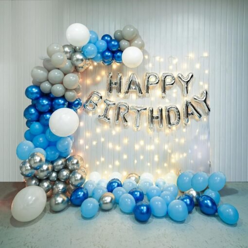 Happy Birthday Balloon Decoration Kit - Pack of 97 Pcs - Party and Fun - Blue and Silver Birthday Decoration At Home - Foil Balloons, Pixel Light