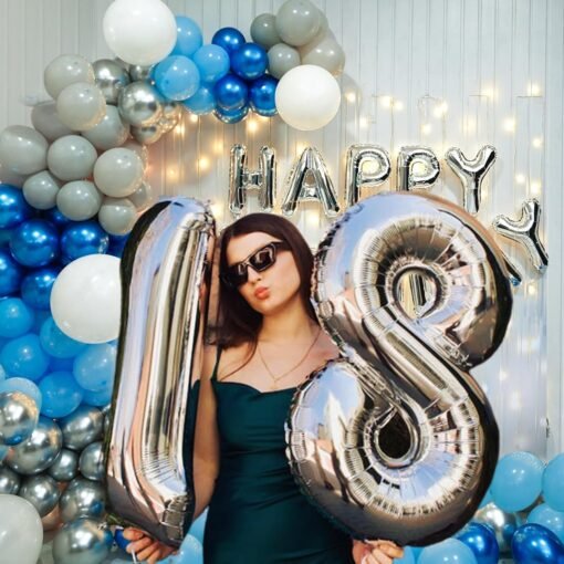 Happy Birthday Balloon Decoration Kit - Pack of 97 Pcs - Party and Fun - Blue and Silver Birthday Decoration At Home - Foil Balloons, Pixel Light - Image 3