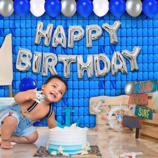 Blue Theme Birthday Decoration-Pack Of 32 Pcs Blue Square Foil Curtain|Birthday Foil Balloons|Blue,Silver&White Metallic Balloons|Metallic Balloons,Decoration Combo For Boys,Men,Husband - Image 6