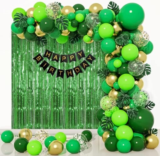 Jungle Theme Birthday Decorations items for kids DIY combo with confetti balloon, artificial leaves, foil curtain, Happy birthday banner for backdrop pack of 72 items.