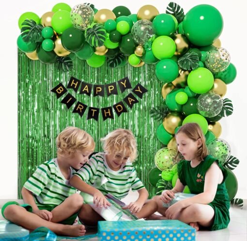 Jungle Theme Birthday Decorations items for kids DIY combo with confetti balloon, artificial leaves, foil curtain, Happy birthday banner for backdrop pack of 72 items. - Image 5
