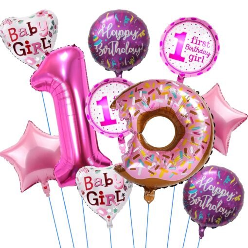 Theme First Birthday Foil Balloons Decoration for Baby Girl Set 10 Pcs