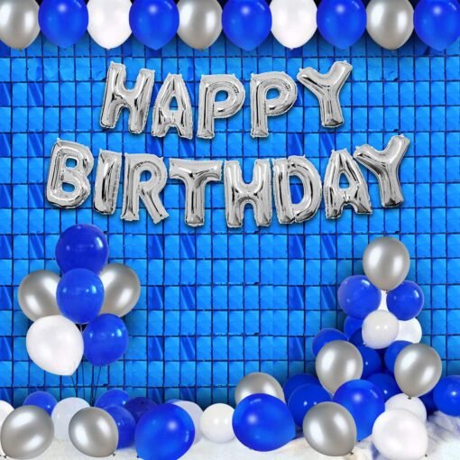 Blue Theme Birthday Decoration-Pack Of 32 Pcs Blue Square Foil Curtain|Birthday Foil Balloons|Blue,Silver&White Metallic Balloons|Metallic Balloons,Decoration Combo For Boys,Men,Husband