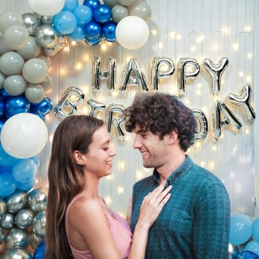 Happy Birthday Balloon Decoration Kit - Pack of 97 Pcs - Party and Fun - Blue and Silver Birthday Decoration At Home - Foil Balloons, Pixel Light - Image 5