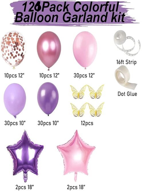 126 Pcs Butterfly Pink and Purple Balloon Garland Kit, Butterfly Theme Balloon Arch with Gold Butterfly Star Foil Balloons for Girls Women Birthday Baby Bridal Shower Wedding Party Decoration - Image 2