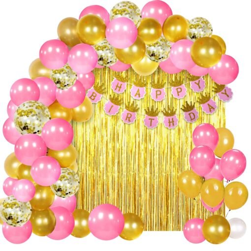 Pink Happy Birthday Decoration Kit for Girls 46pcs Combo Set Banner Golden Foil Curtain Balloon Metallic Confetti Girls Birthday Decoration Items / Kids Birthday Decoration Items