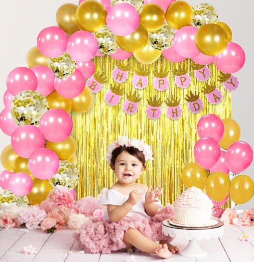 Pink Happy Birthday Decoration Kit for Girls 46pcs Combo Set Banner Golden Foil Curtain Balloon Metallic Confetti Girls Birthday Decoration Items / Kids Birthday Decoration Items - Image 6