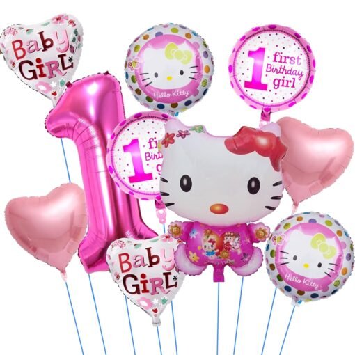 Kitty Theme First Birthday Foil Balloons Decoration for Baby Girl Set 10 Pcs