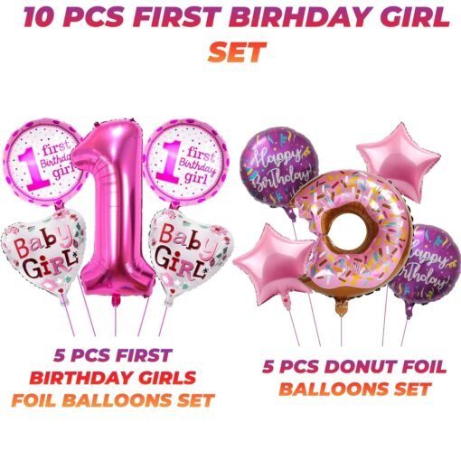Theme First Birthday Foil Balloons Decoration for Baby Girl Set 10 Pcs - Image 2