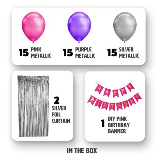 Set of 60 Pcs - 15 Pink 15 Silver & 15 Purple Metallic Balloons, Pink Happy Birthday Banner, 2 Silver Curtains Theme Backdrop - Image 2