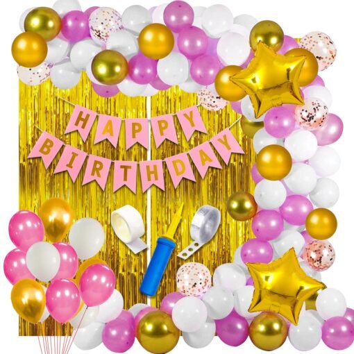 Pink Happy Birthday Decoration Kit for Girls 63pcs Combo Set Banner Golden Foil Curtain Balloon Metallic Confetti Girls Birthday Decoration Items / Kids Birthday Decoration Items