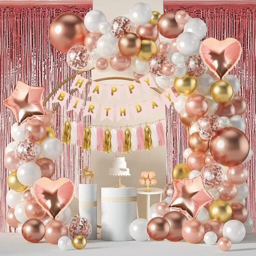 Pink Rose Gold Balloons Garland Arch Kit, Birthday Party Decorations Set 12+18 Inch, Happy Birthday Banner, Fringe Curtains, Tassel Garland for Girls Women Engagement Wedding Baby Shower Graduation