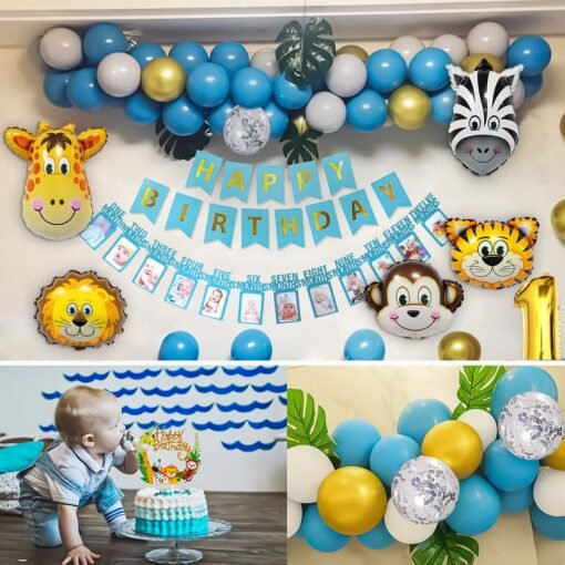 Jungle theme birthday decorations item kit DIY Combo set with Monthly Banner, animal foil balloons, palm leaves and Blue and White Balloons- 52 Pcs - Image 7