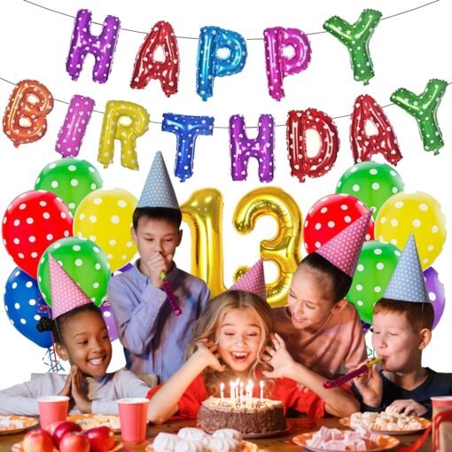 Happy Birthday Decoration Kit Combo - 24Pcs Multicolor Birthday Decoration Combo For Kids With Polka Dotted Balloons, Birthday Foil Balloons, No.13 Golden Foil Balloons - Image 6