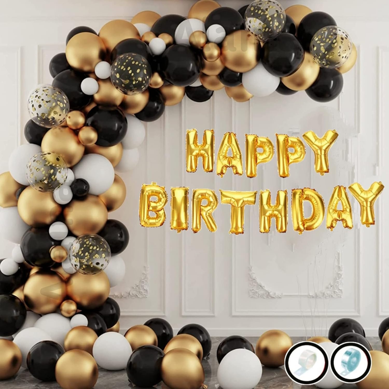 Birthday Decoration Items - 68 Pcs Birthday Decoration Kit - Happy Birthday Foil Balloons, Golden Confetti Balloons, Golden Chrome Balloons, Metallic Balloons, Arch Strip, Glue Dot Strip