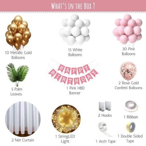 Pink Theme Birthday Decoration Items Kit for girls includes Pink, White and Metallic Gold Balloons with White Net Curtain, Fairy LED Light and Fake Palm Leaves- 71 Items - Image 2
