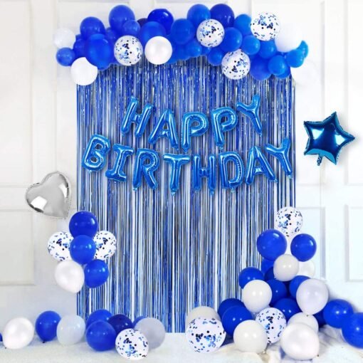 1pc happy birthday Balloon banner, 24pc 12 inch latex balloons , 6pc 12 inch confetti balloons, 2pcs 18 inch star foil balloons, 2pcs 18 inch heart foil balloons, 2pcs tinsel curtains, 1pcs strings.