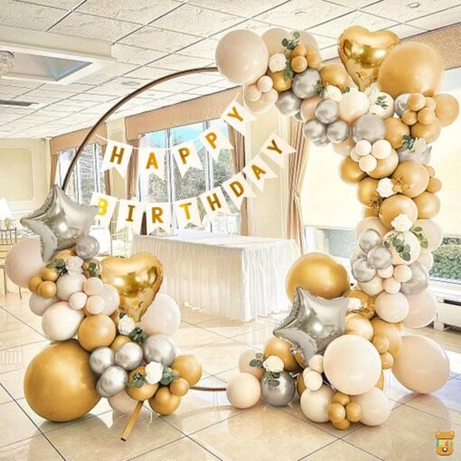 White Cardboard Happy Birthday 13 Letters Banner String , Silver Star, Gold Heart, Gold White & Silver Metallic Foil Balloons Theme Backdrop