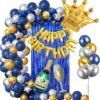 Birthday Decorations Silver Blue and Gold Balloons 62Pcs for Adult With Happy Birthday Banner Crown Champagne Balloons for 18th 21st 30th 40th 50th 60th 70th Decor