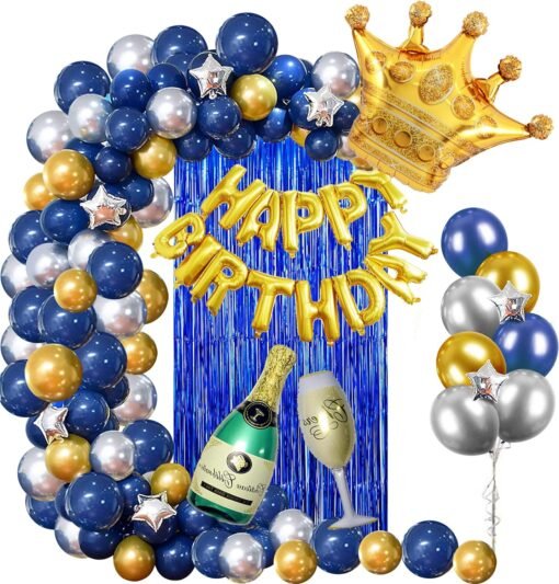 Birthday Decorations Silver Blue and Gold Balloons 62Pcs for Adult With Happy Birthday Banner Crown Champagne Balloons for 18th 21st 30th 40th 50th 60th 70th Decor