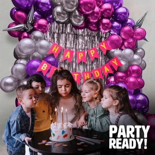 Set of 60 Pcs - 15 Pink 15 Silver & 15 Purple Metallic Balloons, Pink Happy Birthday Banner, 2 Silver Curtains Theme Backdrop - Image 7