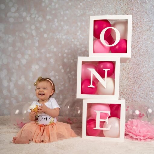 Baby Balloon Box For 1st Birthday Decoration 3 Pcs, One Box For 1st Birthday | First Birthday Decorations Girl | One Birthday Letter Stand | 1st Birthday Decoration For Girls | One Box