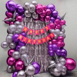Set of 60 Pcs - 15 Pink 15 Silver & 15 Purple Metallic Balloons, Pink Happy Birthday Banner, 2 Silver Curtains Theme Backdrop