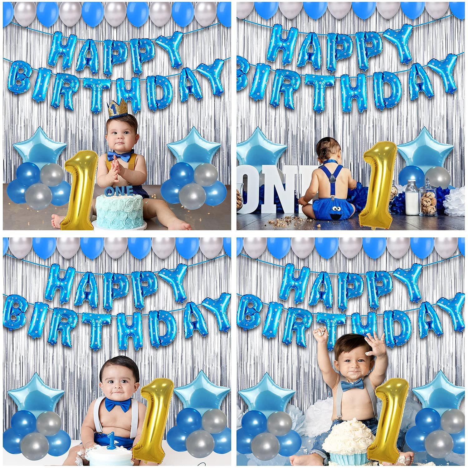 Birthday Decoration kit for 1st Birthday Boys-56Pcs with Foil Curtain / Bday Supplies Items with Blue HBD foil Balloon, Number Foil Baloons/1st Birth Day Props for Kids/Newborn Gifts Set - Image 7