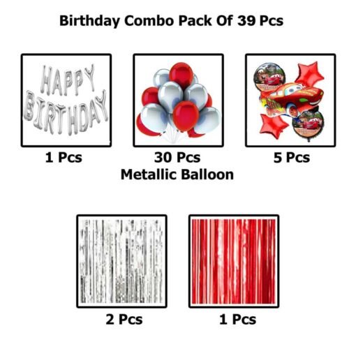 Happy Birthday Decoration Lightning Mcqueen Car Theme Combo Kit Items With Metallic Balloons Foil Curtain Shimmer For Little Kids Theme Birthday Party Decorations Red Pack of 39 - Image 2