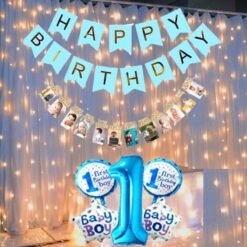Boy first Birthday Decoration kit - 4 Pcs Combo with banner, 5 pcs foil balloon set, led light, twelve month photo banner for 1st bday boy theme photo banner